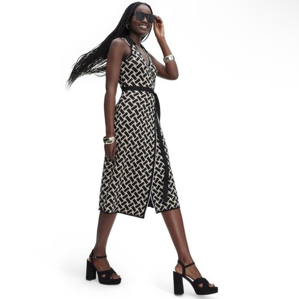 Diane von Furstenberg Target Intarsia Knit Wrap Dress Black White XXS
